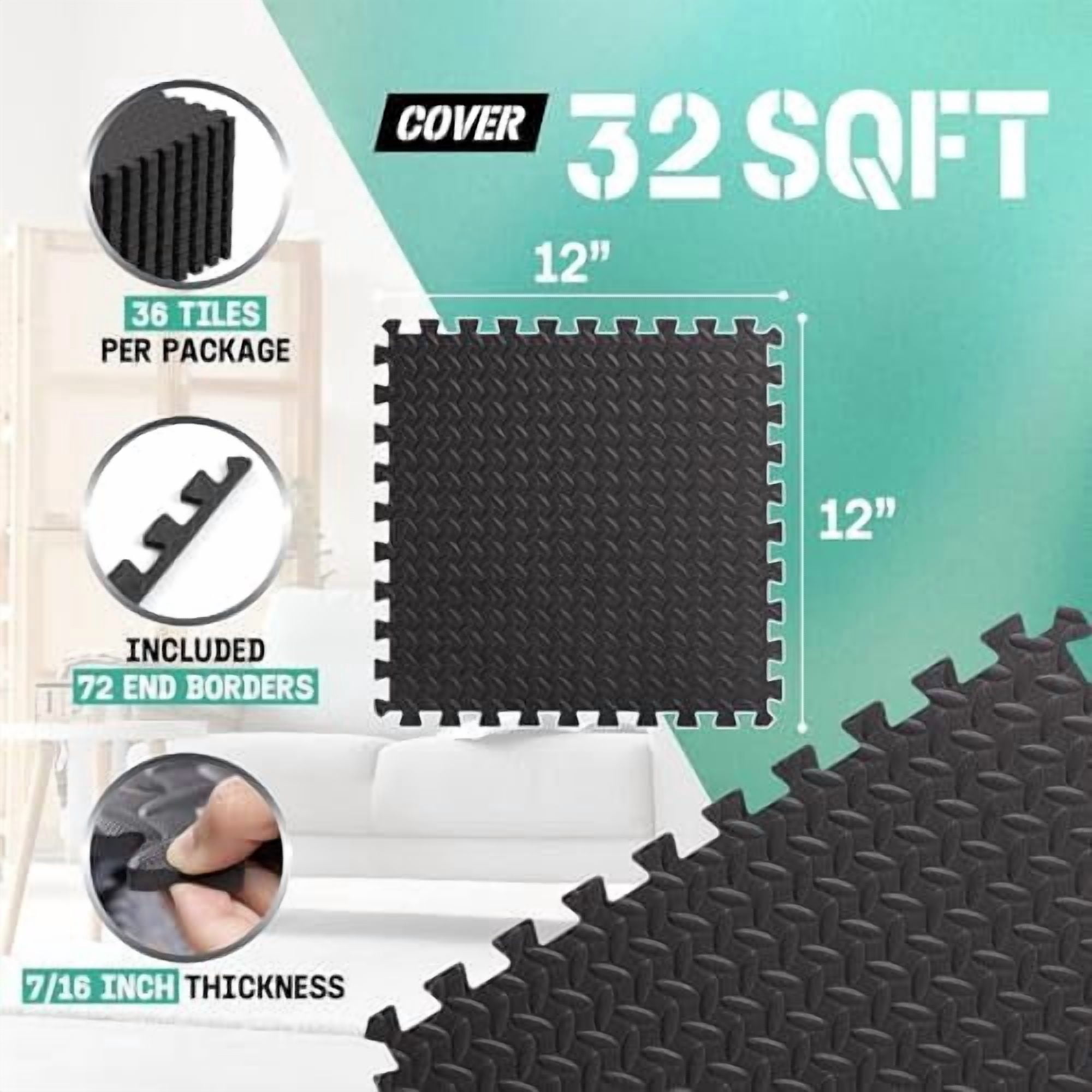Interlocking Exercise Foam Mats with Border – Interlocking Floor Mats for Gym Equipment – Eva Interlocking Floor Tiles - 36 Square Feet (36 Tiles) - Black