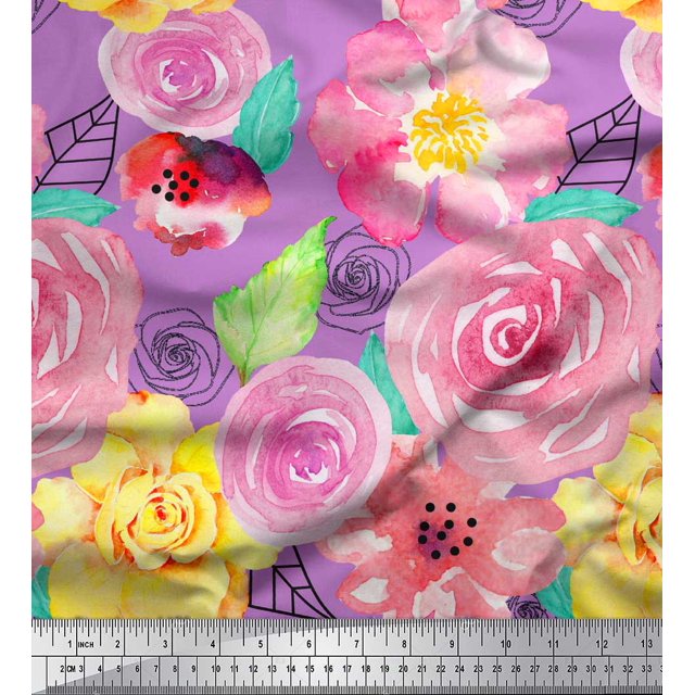 Soimoi Tissu en Coton Canard Feuilles & Roses Imprimé Floral Tissu au Mètre 42 Pouces de Large