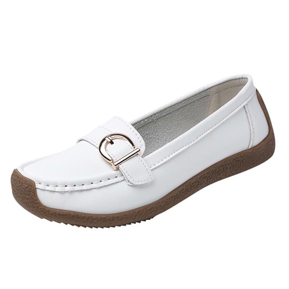 Xfvqtps Womens Loafers Comfortable Casual Flat Shoes with Metal Decor Soft Sole Breathable Slip on for Women Office Dating Lightweight Shoes White