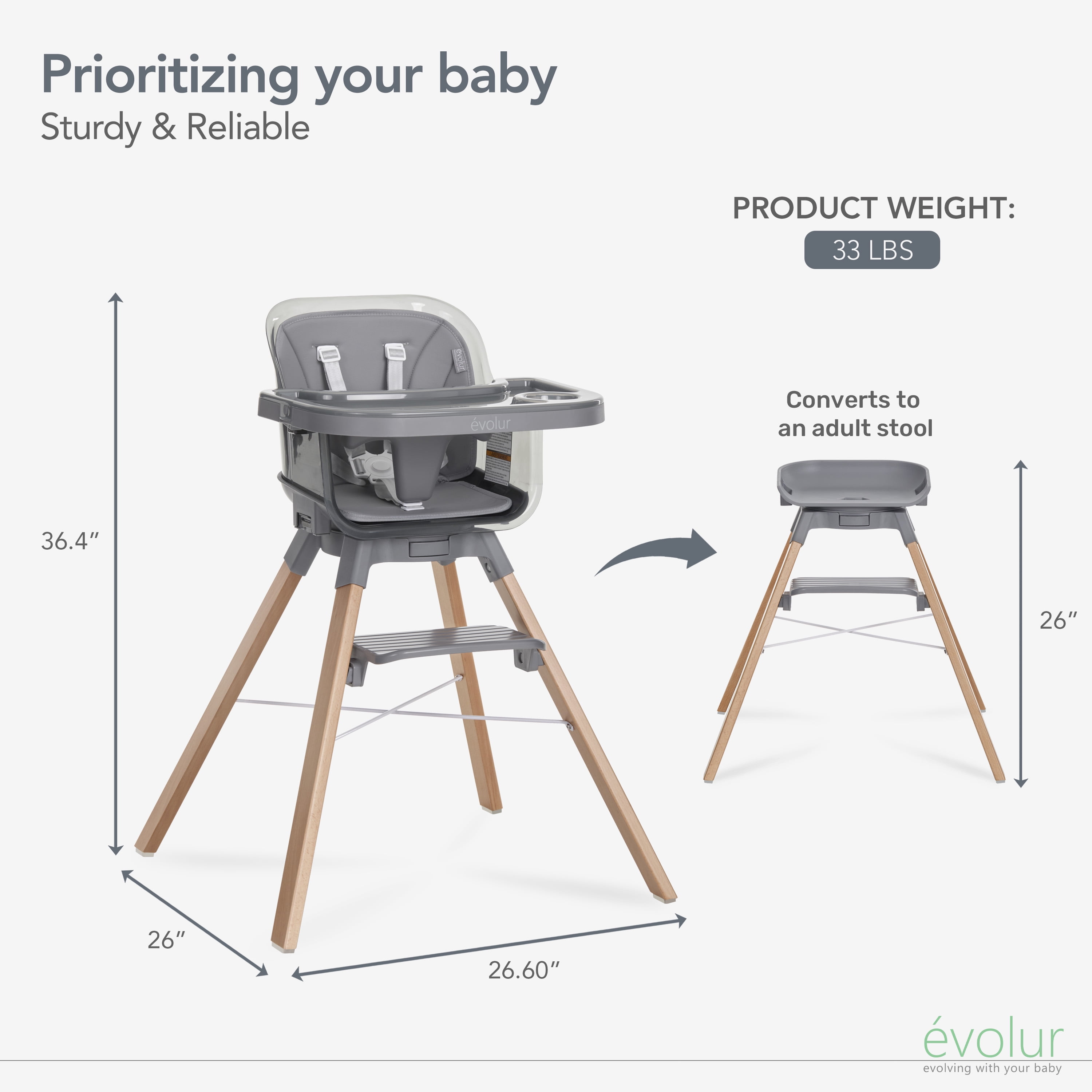 Evolur Bloom High Chair Storm Gray, 360° Rotating Seat, Easily Converts to Adult Stool, Adjustable Foot Rest, Adjustable & Removable Tray Baby High Chair