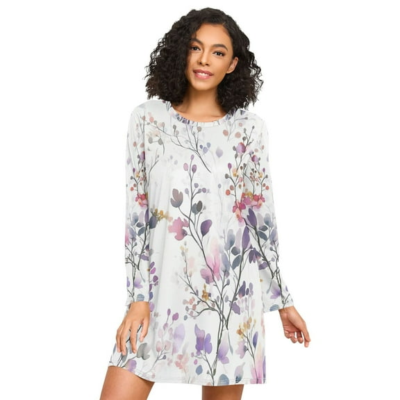 FORMRS Womens Long Sleeve Nightgowns Crew Neck Sleep Shirt Soft Pajamas Sizes S-3XL, Purple Wildflowers