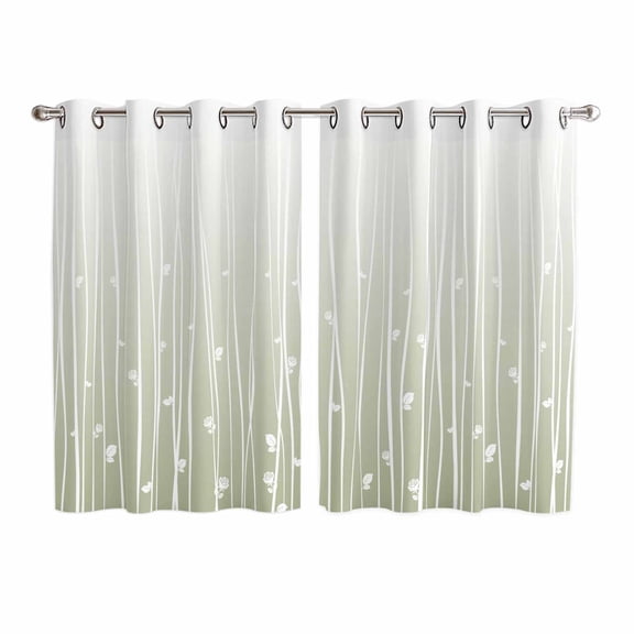 Sage Green Kitchen Curtains 63 Inch Length, Floral Stripe Gradient Simple Branch Texture Grommet Top Bedroom Living Room Curtains, Light Filtering Cafe Curtain Drapes 2 Panels Set 104''x63''