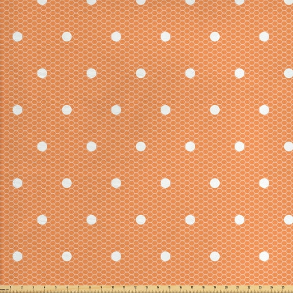 Vintage Fabric by the Yard Upholstery, Geometric Small White Polka Dot Pattern on Hexagon Lace Mesh Background, Decorative Fabric for DIY and Home Accents, Pale Orange and White by Ambesonne