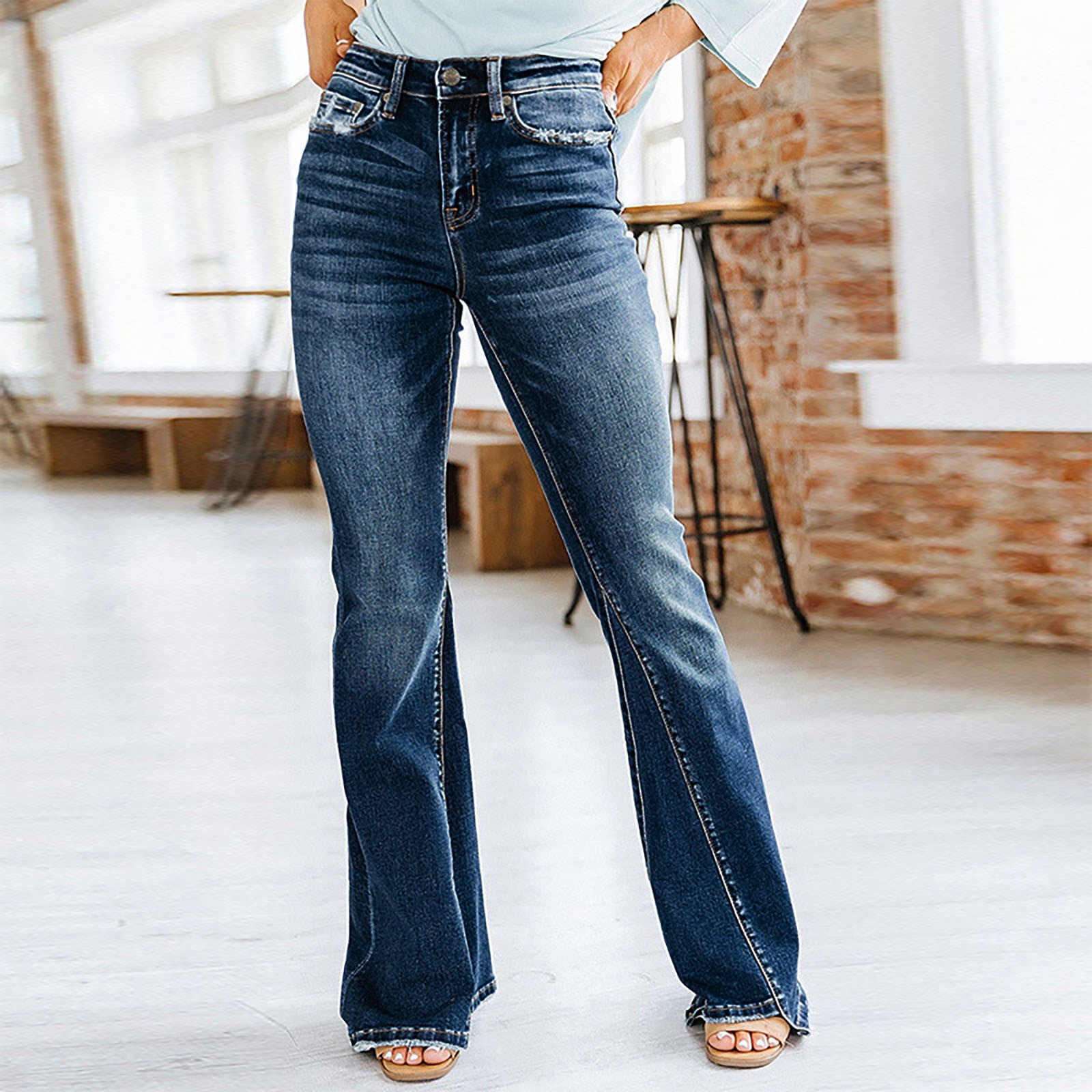 Accalia Denim Bell Bottom Jeans for Women's, High Waist Regular Fit Blue  Wide Leg Jeans for Girl's