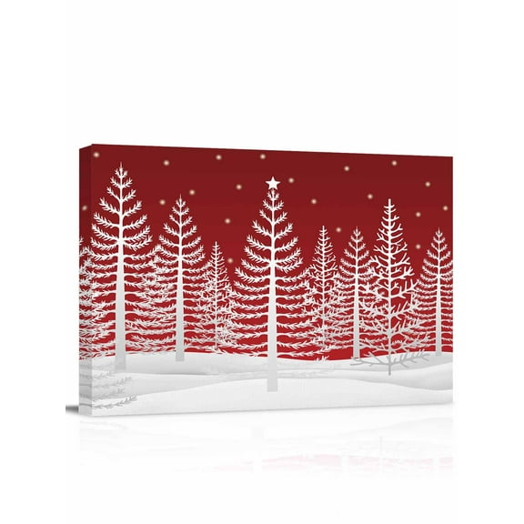 Christmas Trees Canvas Print Wall Art Framed Canvas Art Wall Decor White Winter Tree Red Sky Stars Snowing Scene Pictures Painting Morden Artwork for Living Room Bedroom, Ready to Hang - 12"x16"