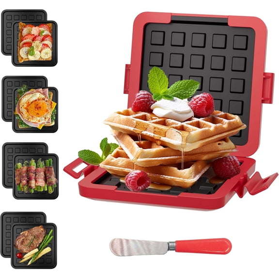 Microwave Grill & Sandwich Press, 5-in-1 Fast Cooker for Toasties, Panini, Waffles, Steamer & Egg Cooker, 450°F in 1 Min, Compact & Dishwasher Safe, Red