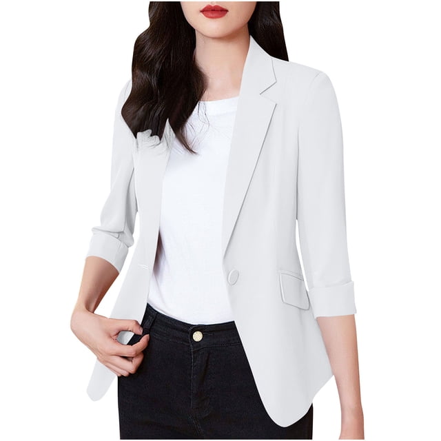 Veste de Complet Décontractée pour Femmes avec Col à Revers et devant Boutonné, Mélange Léger Polyester-Spandex, Longueur Régulière, Noir, P
