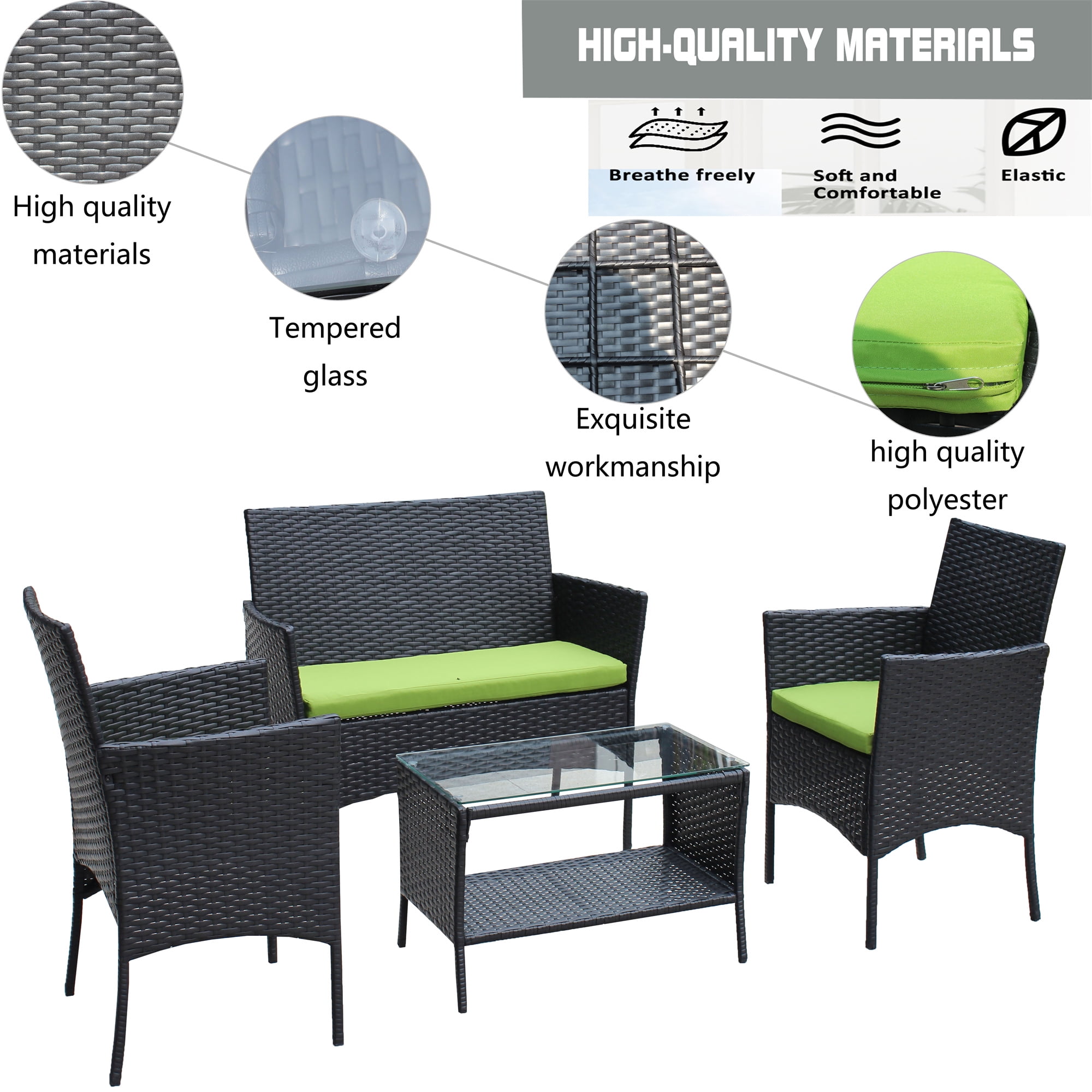 Aukfa 4 Piece Rattan Outdoor Patio Conversation Sofa Set with Table & Cushions, Green