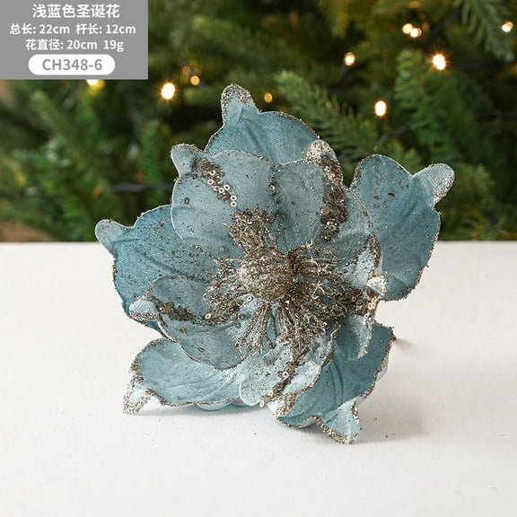 Zhuge 7.87in Large Heads Christmas Glitter Magnolia Flowers Christmas Tree Ornaments Set of 6 Giant Artificial Flowers with Long Stems for Xmas Tree Holiday Decorations, Blue