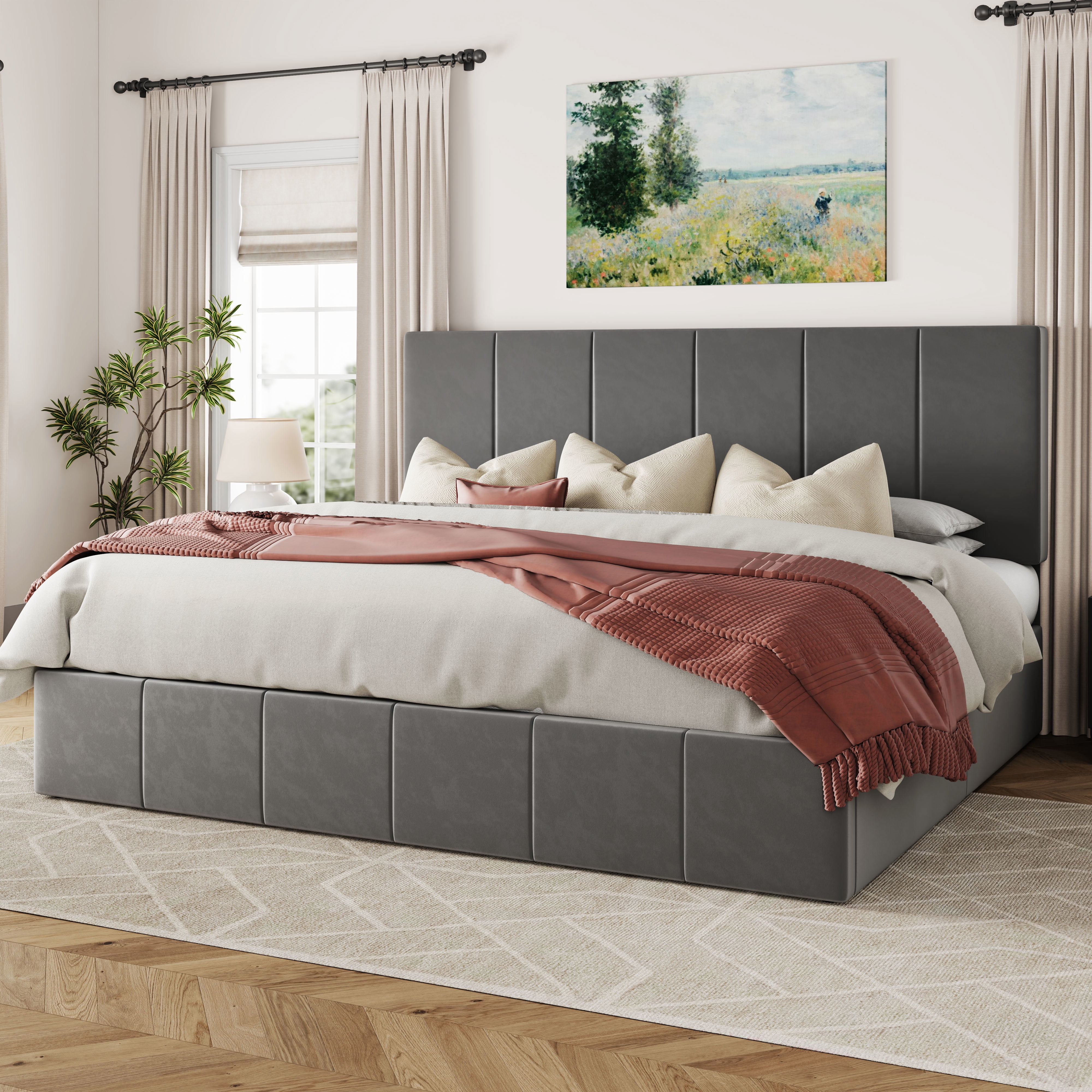 Allewie King Size Velvet Lift Up Storage Bed Frame, Vertical Channel Tufted Headboard, Hydrualic Underneath Storage, Upholstered Platform Bed, Wooden Slats Support, No Box Spring Needed, Gray