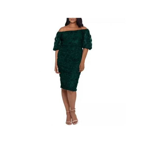 XSCAPE Womens Green Stretch Lace Zippered Elbow Sleeve Off Shoulder Below The Knee Evening Sheath Dress 10