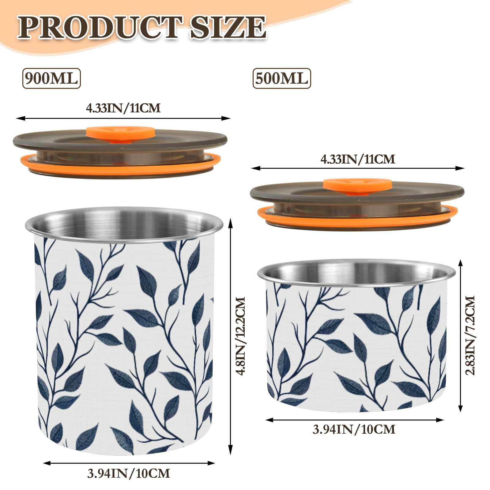 Blue Branch Leaves Airtight Coffee Bean Canister 30oz Food Storage Containers with Lids For Gournd, Tea, Sugar, Flour, Rice, Cereal, Candy Cookie Jar
