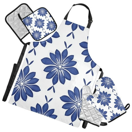 Simple Blue Daisy Floral Pattern Apron Set with Oven Mitts Pot Holders Set of 5 Kitchen Stuff Accessories