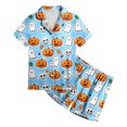 thumbnail image 5 of Pandaie Little Girls Loungewear Halloween Ghost Pumpkin Print Short Sleeve Pajamas 2 Piece Set Kid Night Sleepwear Outfits Blue,10-11Years, 5 of 5