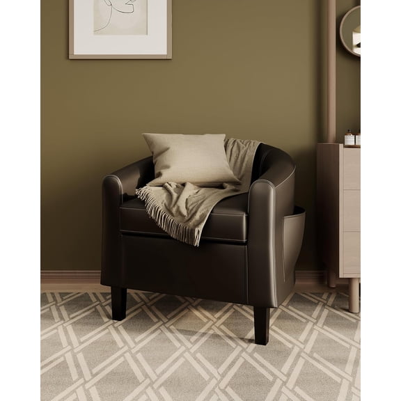 Accent Barrel Chairs Living Room Chairs Faux Leather Upholstered Club Armchairs with Soft Padded Seat for Bedroom Reading Waiting Room(Black)