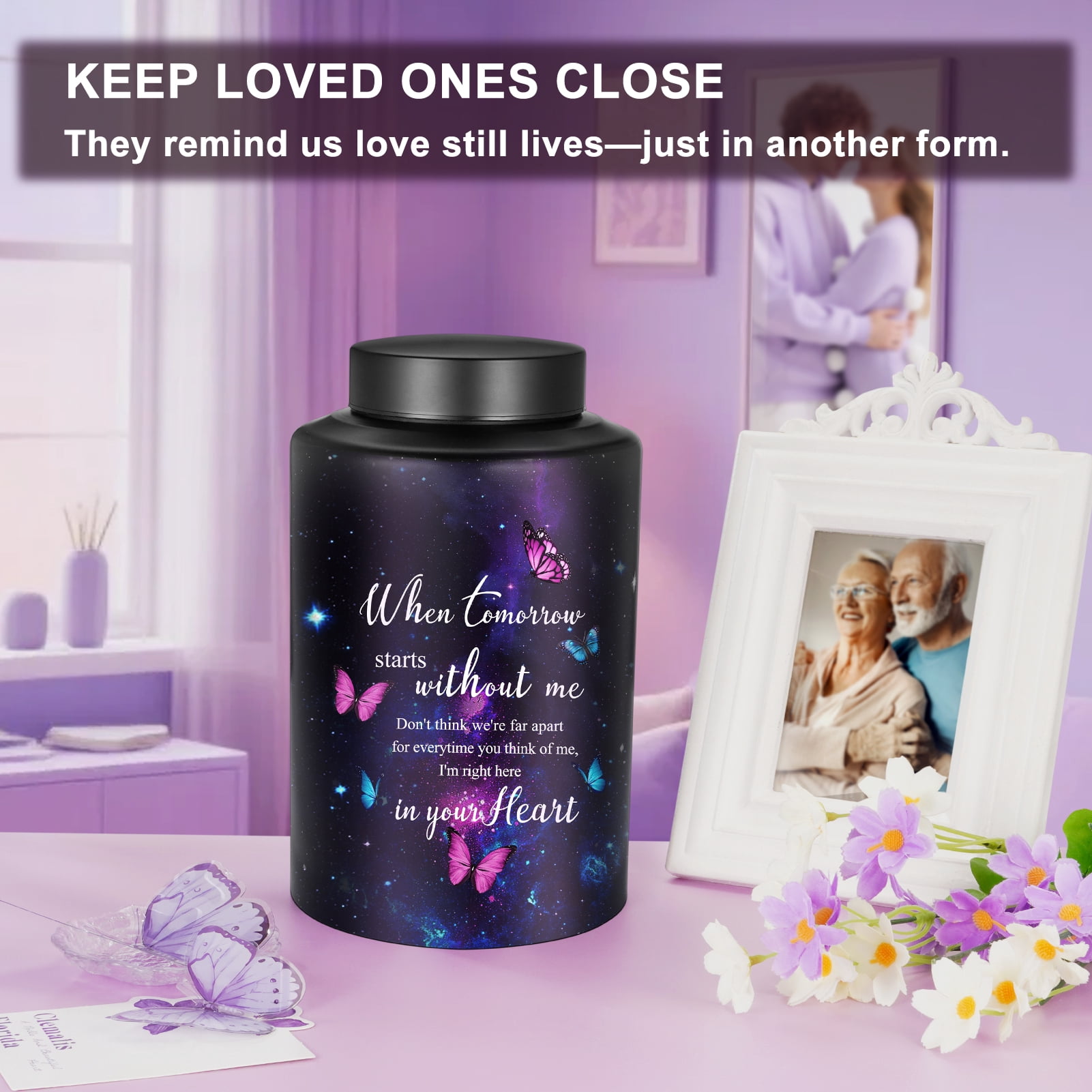 XIUDA 10 Inches Cremation Urns for Human Ashes Keepsakes Urns Purple Butterfly Urn for Human Ashes Decorative Urns for Adult Male Memorial Stainless Steel Funeral Burial Um - Up to 200 lbs