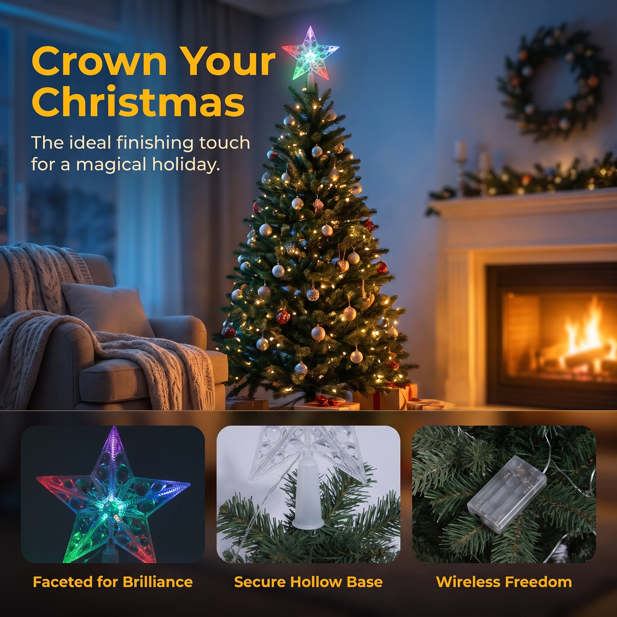 Unique Bargains Tree Finial Battery Operated Spring Mount Star Multicolor Lights 5.9"