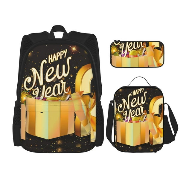 Disketp Happy New Year 2025 C Mochila Estampada de Gran Capacidad con Lonchera y Estuche, Set de 3 Piezas para Estudiantes