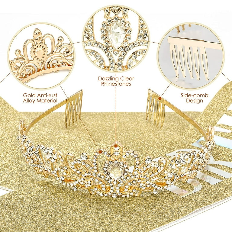 Rose Gold Birthday Crown & Sash Set - Tiara And Queen Sash For Women & Girls Birthday Parties