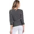 thumbnail image 3 of Fashion Latitude 3/4 Sleeve Surplice Long Sleeve Side Tie Striped Wrap Top Blouse (Black &White, X-Large), 3 of 3