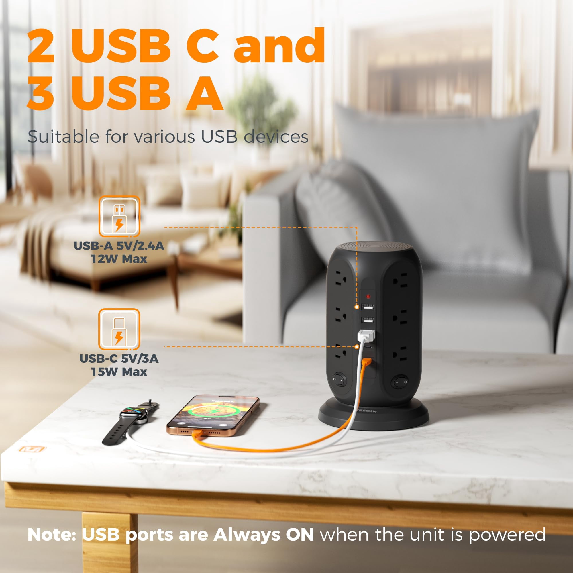 Tower Power Strip With Individual Switches  Surge Protector 12 Outlets 5 Usb Ports(2 C) Flat Extension Cord 10 Ft 1250w Charging Station For Multiple Devices Office Dorm Black