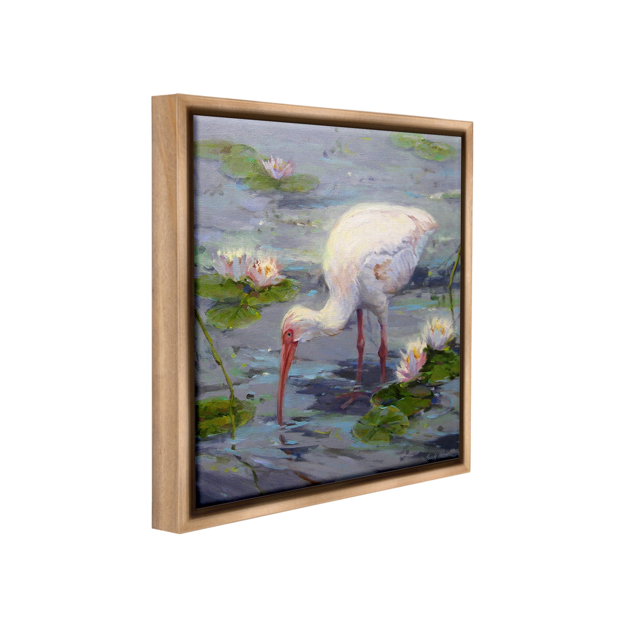 Stupell Industries Water Bird with Pond Lilies Animals & Insects Painting Brown Floater Framed Canvas Art Print Wall Art, 18 x 18