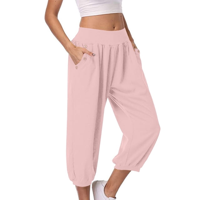 Timegard Womens Capri Pants Elastic High Waist Button Comfy Solid Color Casual Crop Pants with Pockets