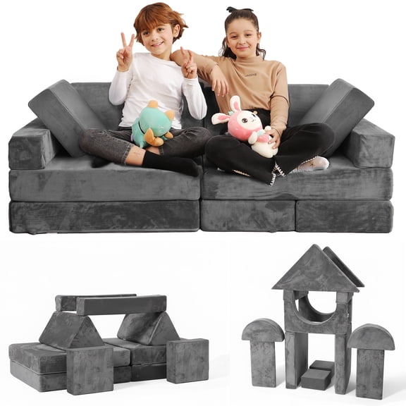 CONTOUR COMFORT Kids Couch Modern Soft Foam Low Back Storage Modular Couch with 14 Piece, Grey