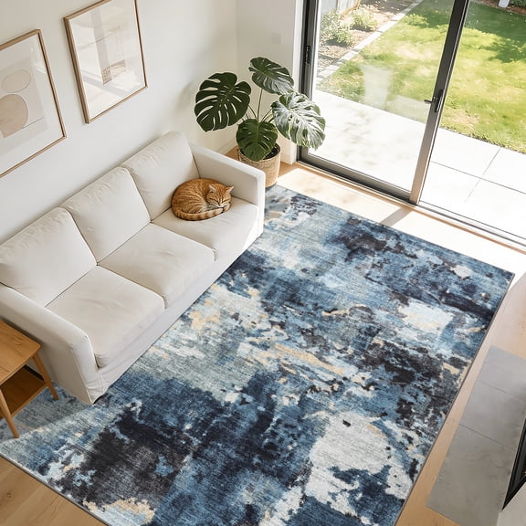 Hasoo 5' x 7' Washable Indoor Non-Slip Bedroom Carpet Modern Abstract Area Rug for Living Room, Blue/Gray