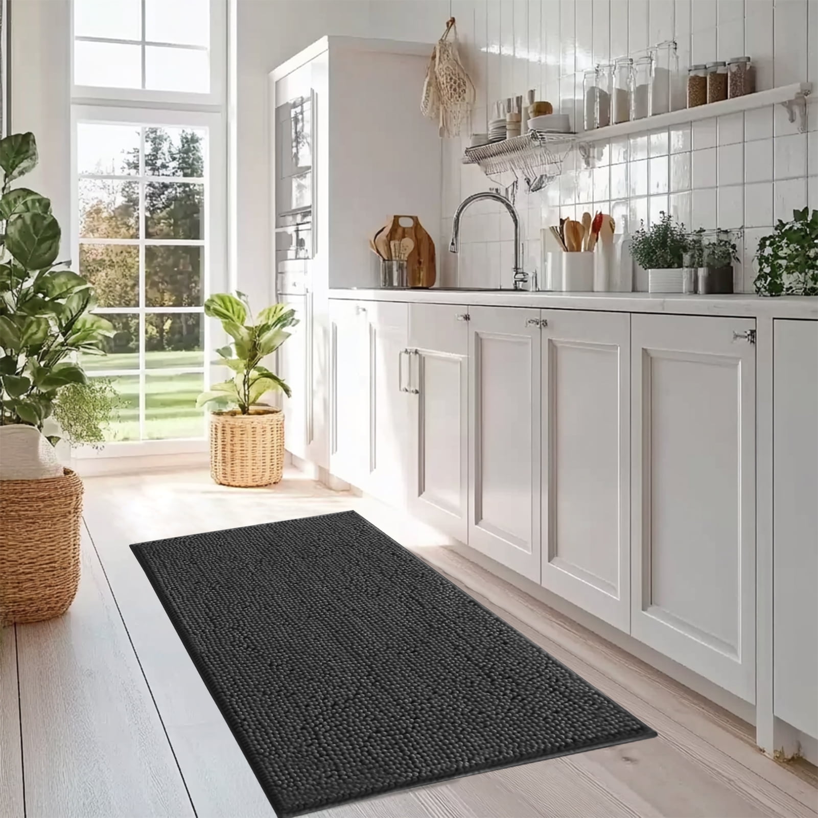 3 Pieces Bath Mat Set, Soft Chenille Bathroom Rugs Mat, Absorbent Spa Shaggy Bath Rugs Set, Machine Washable & Non Slip Bath Mats for Bathroom, Tub, Shower（Black）