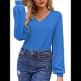 thumbnail image 3 of Blusa de Larga con Cuello en V para Mujer, Estilo Farol, Elegante, Informal, de Punto Acanalado, Corte Holgado, Otoño 2025 Azul XL, 3 of 8