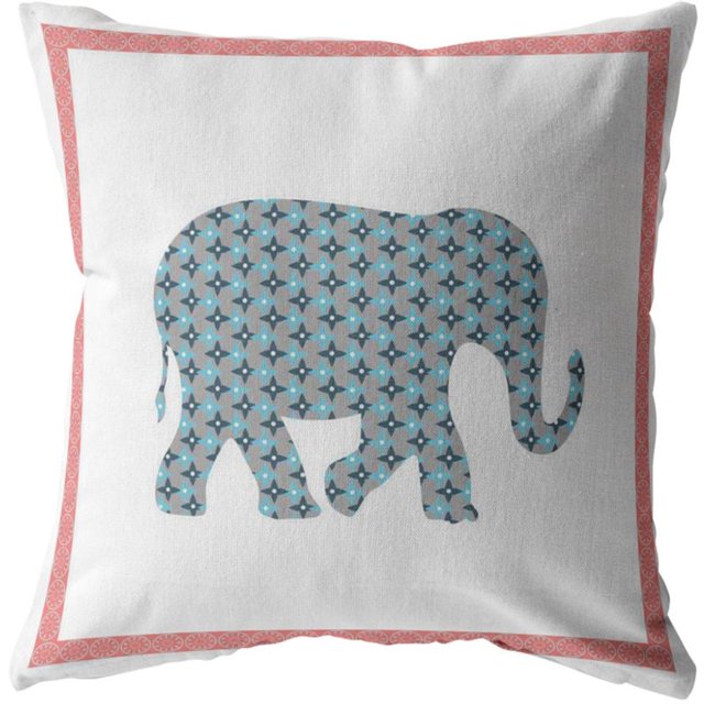 Éléphant Léger Coussin en Tissu Intérieur / Extérieur avec Zip -Bleu Rose Blanc 16x16