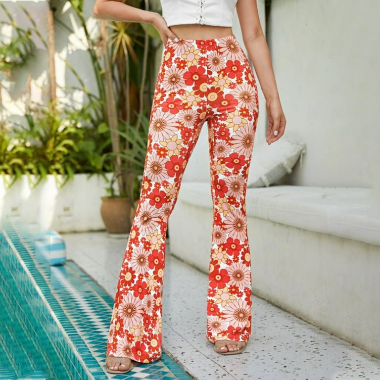 Floral Flare Leggings for Women, Elastic High Waist Bell Bottom Yoga Pants,  70s Vintage Skinny Summer Casual Pants 