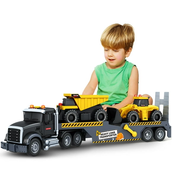 Toddler Boy Toys for 3 4 5 6 7 Years Kids, 21" Semi Construction Carrier Truck Toy with Excavator and Dump Truck, Friction Powered Toys with Lights and Sounds, Birthd