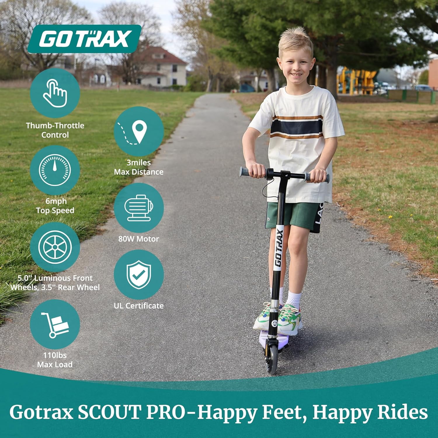 GOTRAX Scout Pro Kids Electric Scooter for Ages 4-7, 5" Flash Front Wheel , Kick Scooter Unisex Black