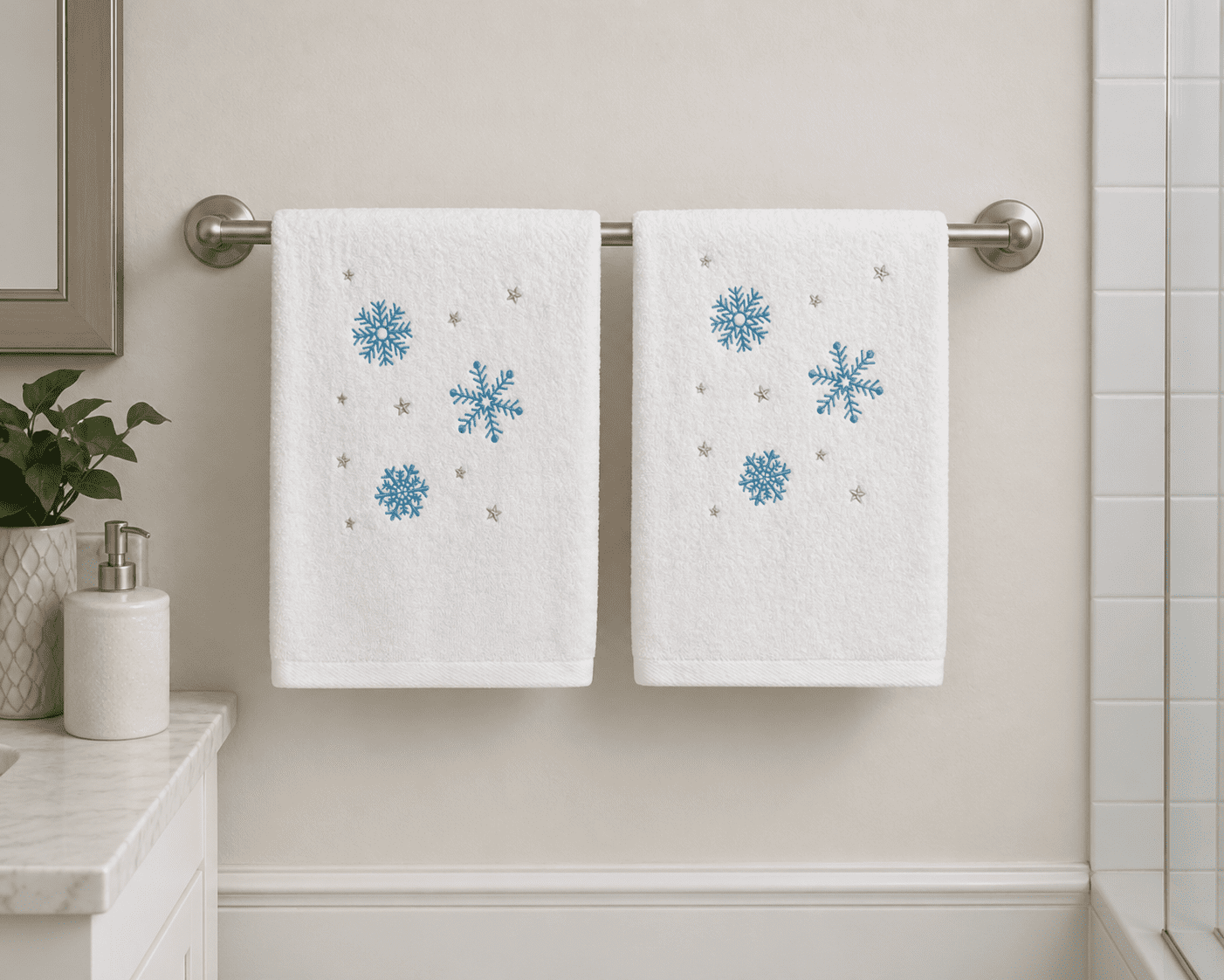 Serafina Home Luxury Holiday Winter Snowflake Bath Towels, Embroidered Flurry of Snowflakes Plush Velour Terry 100% Cotton, Set of 2, Measures 54" x 27"