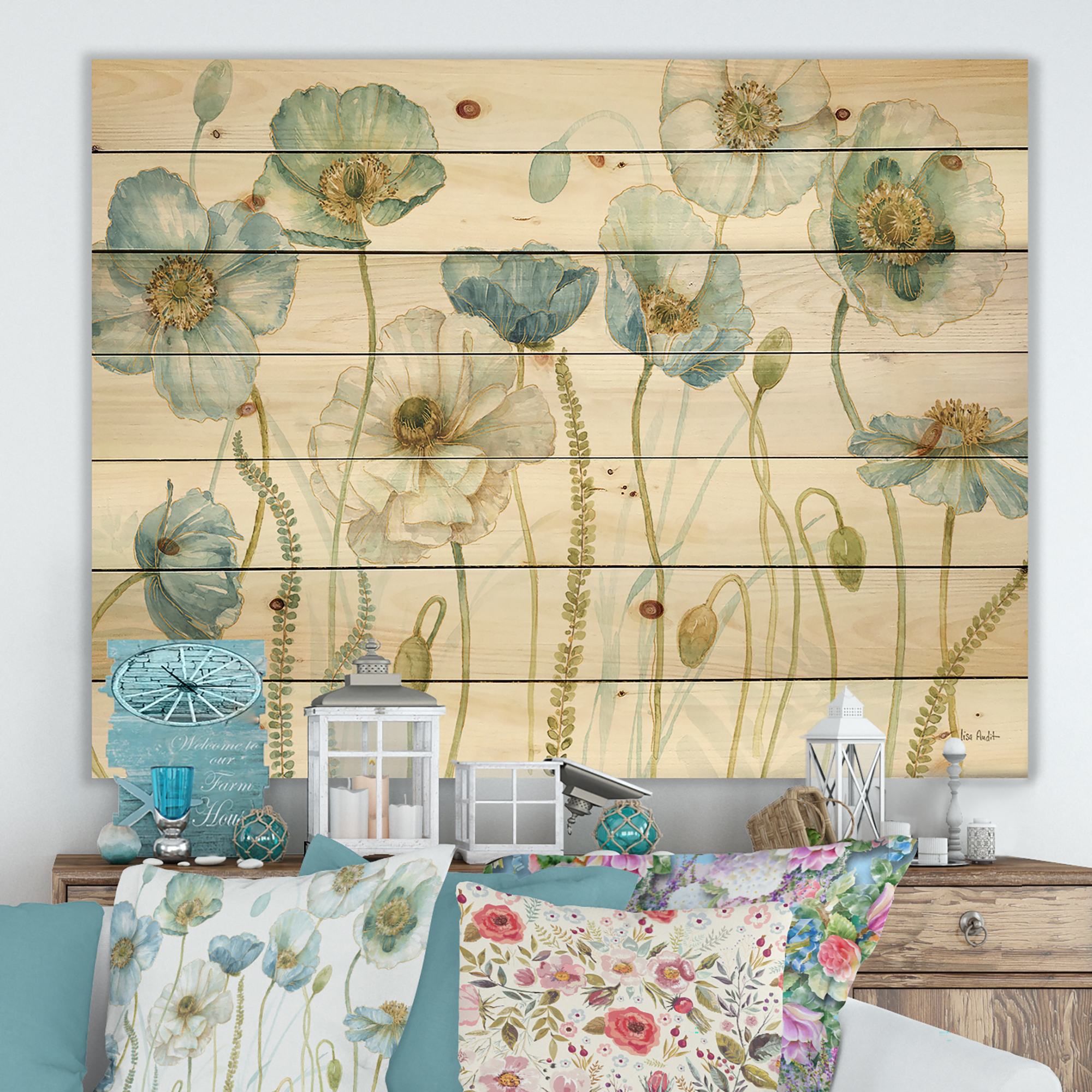 Designart 'Abstract My Greenhouse Cottage Flowers IV' Traditional Print on Natural Pine Wood
