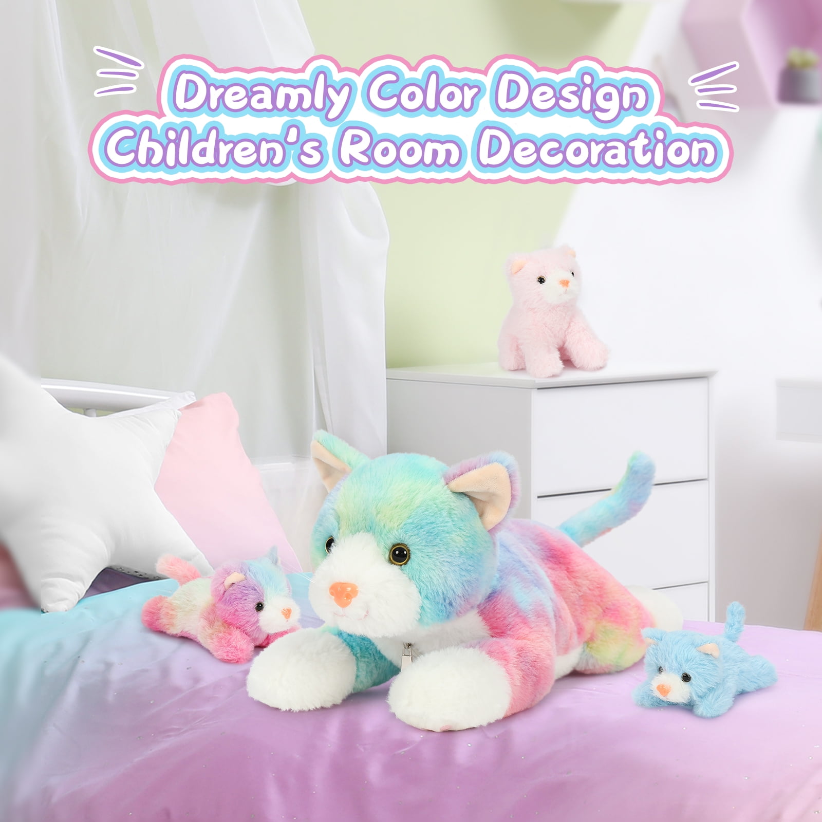 MaoGoLan 4 Piece Cat Stuffed Animals 15.7 inch Mom Plush Cat with 3 Kittens Stuffed in Zipper Pouch Stuffed KittenToys