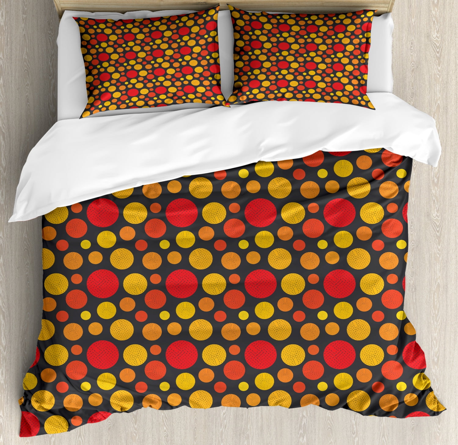 Retro Duvet Cover Set, Geometric Pattern of Grunge Rounds in Repetitive