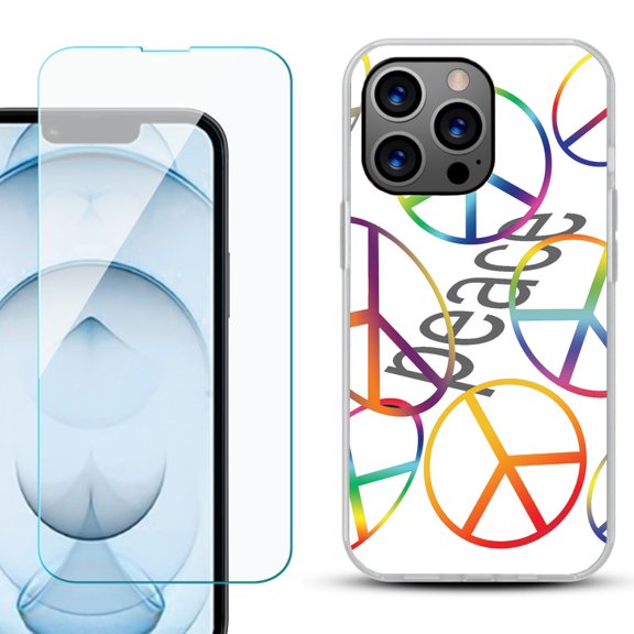 Slim-Fit Gel TPU Phone Case for iPhone 13 Pro Max, with Tempered Glass Screen Protector, by OneToughShield ® - Colorful Peace