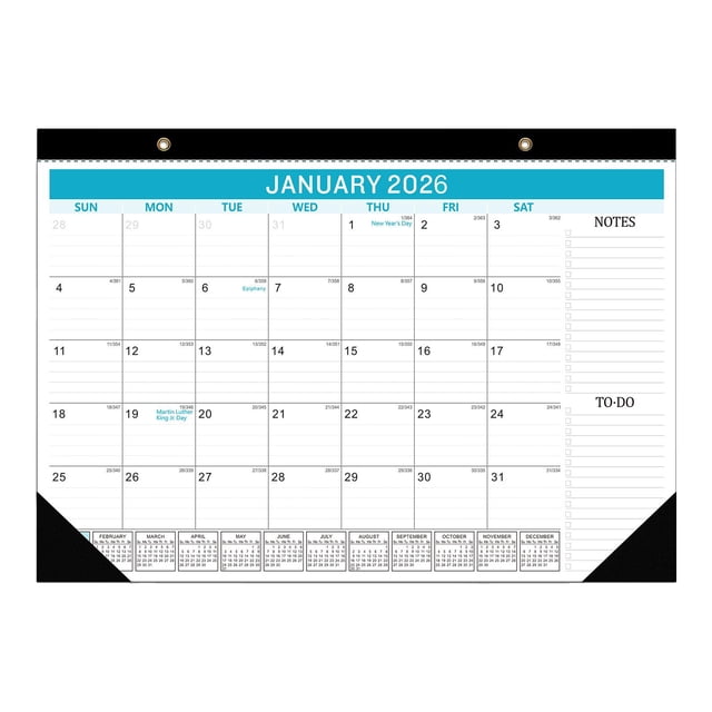 Calendario de escritorio 2026-2027 Planificador mensual colgante Enero 2026 Lista de tareas para 2027 Pared azul