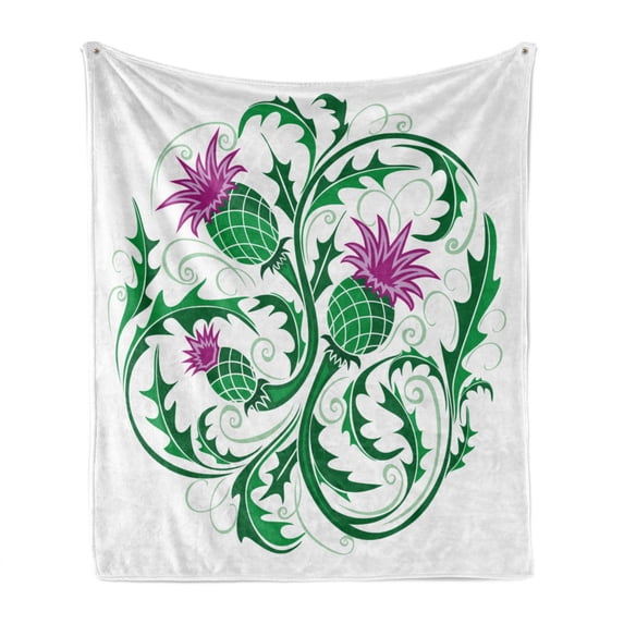 Thistle Soft Flannel Fleece Throw Blanket, Celtic Style Ornament of Thistle Branches and Flowers Motif on White Background, Cozy Plush for Indoor and Outdoor Use, 60" x 80", Multicolor, by Ambesonne