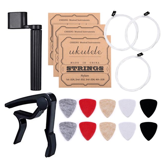 Guitar/Ukulele Tool Kit 10pcs Soft Felt Ukulele Picks(Random Color) 3 Set of Strings(4pcs/Set) 1pc Clip-on 1pc String Winder for 21/23/26 Inch Ukulele Guitar More