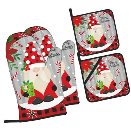 

Haiem Gnome And Buffalo Plaid Print Extra Long Oven Mitts and Pot Holders 4pc Sets: Heat Resistant Silicone Oven Mittens with Mini Oven Gloves and Hot Pads Potholders