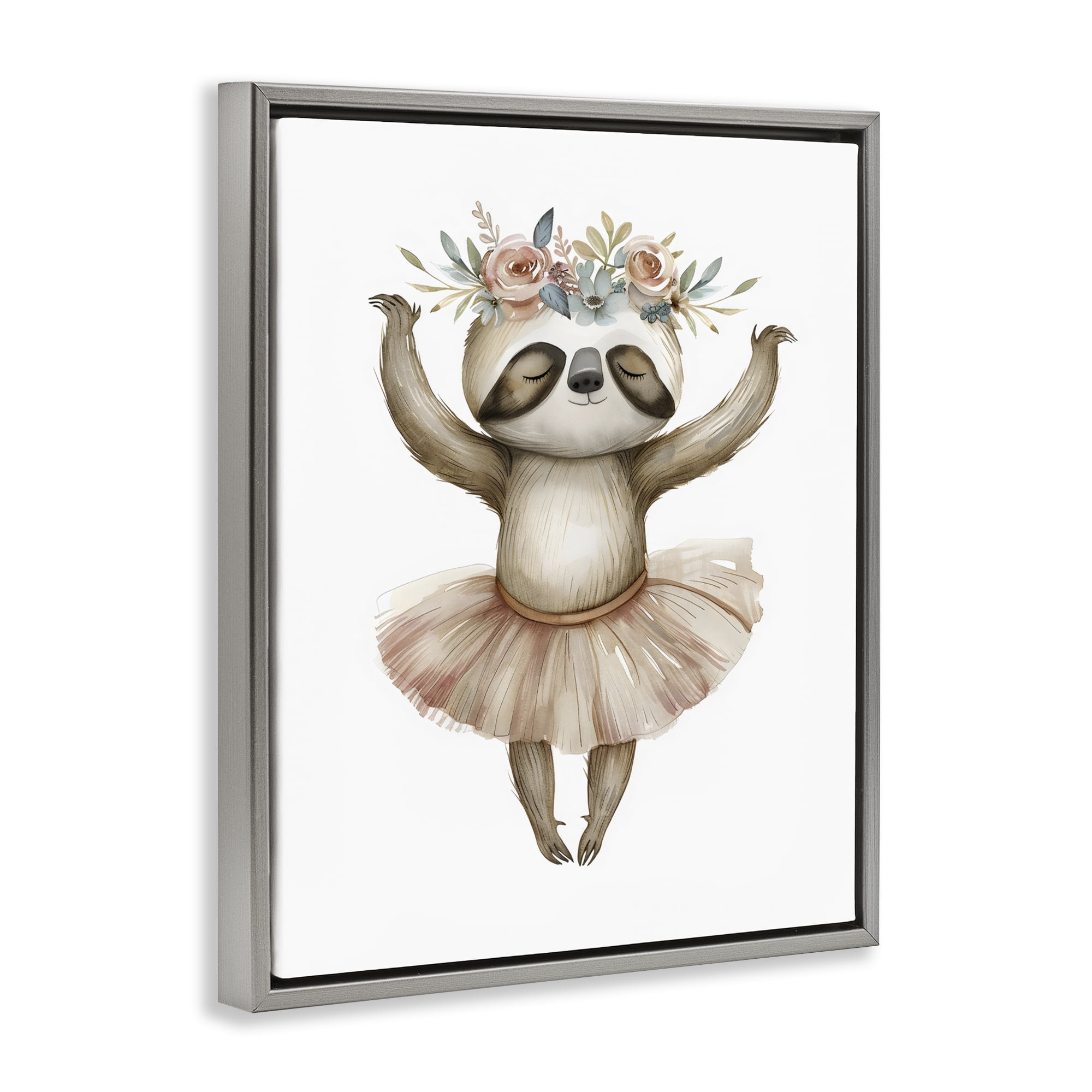 Stupell Industries Dreamy Sloth Ballet with Flowers Gray Framed Floater Canvas Wall Art, design by LSR Design Studio