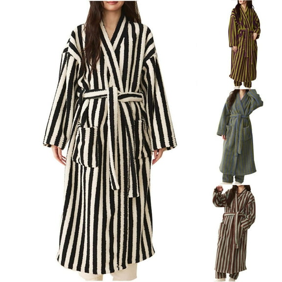 CFLVAEK Fuzzy Robes for Women Plus Size Long Sleeve Lapel Bathrobes with Pockets Fashion Striped Print Robe Soft Thermal Winter House Coat with Belt Coffee L