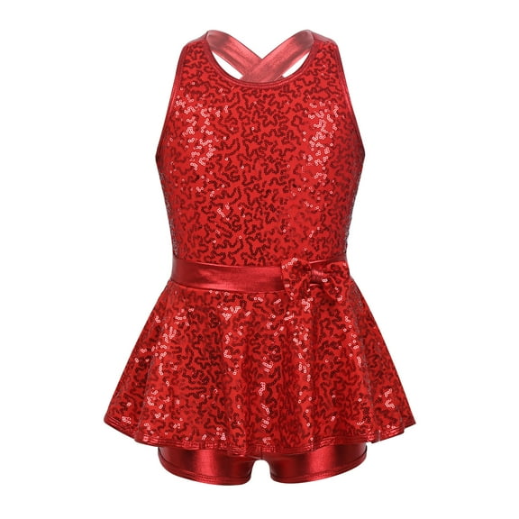 Doomiva Kids Girls Sequins Leotard Mesh Ruffles Ballet Jazz Dance Costume Modern Dancewear Red 16
