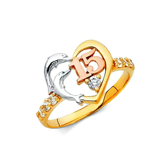 14k Yellow Gold White Gold and Rose Gold Cubic Zirconia Quinceanera Sweet 15 Years Ring Size 7 Ring for Women