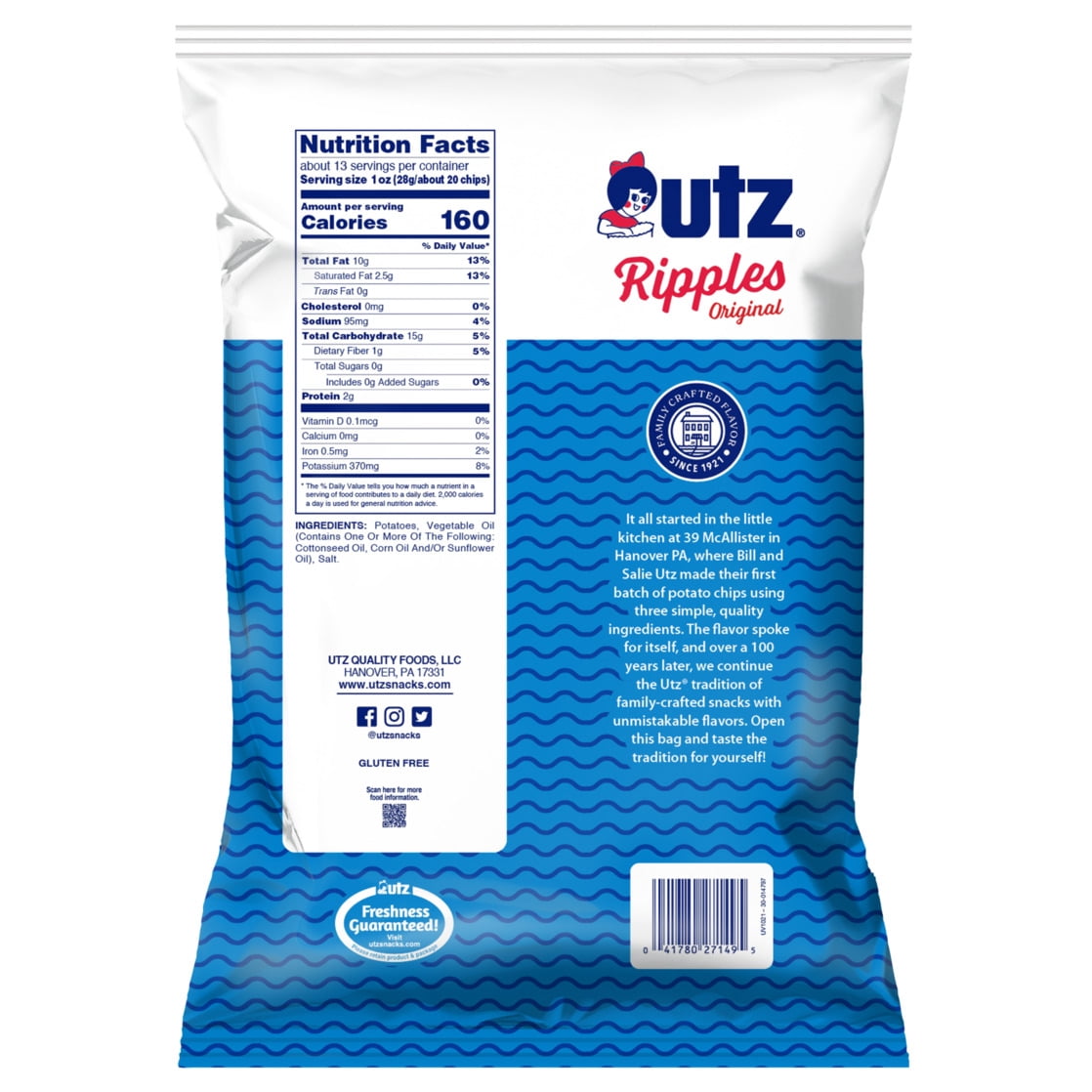 (3 pack) Utz Ripples Original Potato Chips, Gluten-Free, 12.5 oz Party Size Bag