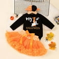 thumbnail image 2 of Outfits Baby Girl My First Halloween Baby Girl Outfit Cartoon Ghost Print Long Sleeve Romper with Tutu Skirt and Headdress Set for Party Toddler Girl Outfit Orange 6 Months-12 Months, 2 of 3